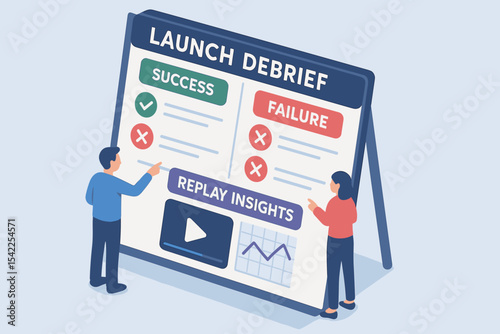 Team analyzing project launch debrief presentation for success and failure insights
