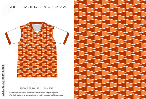 Soccer jersey design with repeating orange triangle pattern on the shirt  swatch next to it