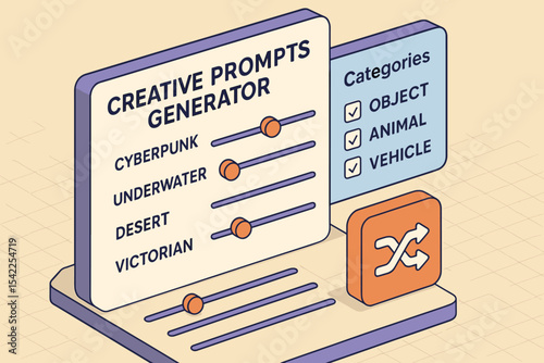 Creative prompts generator interface with categories and sliders for cyberpunk and underwater themes