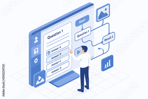 Male adult interacting with online quiz interface on digital screen