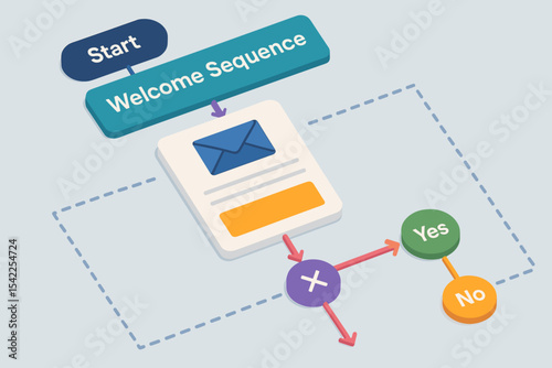Email marketing workflow diagram illustration with decision points and arrows