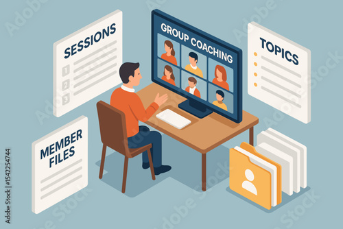 Virtual group coaching session with diverse participants on computer screen