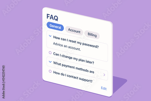 Digital faq interface with account and billing options on purple background