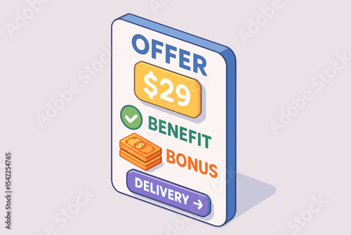 Promotional offer sign with $29 pricing and bonus benefit in isometric design