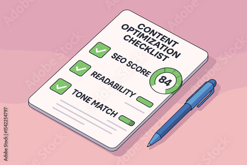 Content optimization checklist with seo score and readability rating on pink background