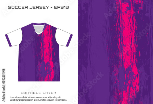 Soccer jersey design with purple and pink graphics on the shirts body