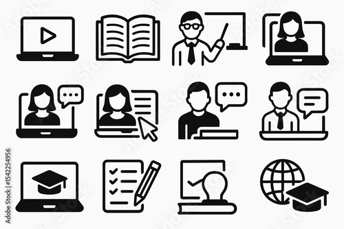 Online education icons: learning, teacher, student, courses, graduation