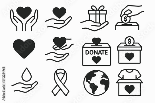 Charity and donation icons: hands, heart, gift, coin, box, ribbon, globe