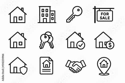 Real estate icons set: houses, keys, contracts, for sale signs
