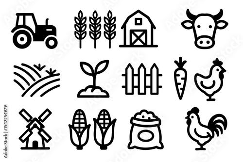 Farm icons: tractor, barn, crops, livestock, windmill, corn, fence, seeds, chicken