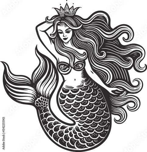 Colorful mermaid with flowing hair