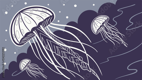 Artistic illustration of three jellyfish with long tentacles floating in a stylized ocean scene