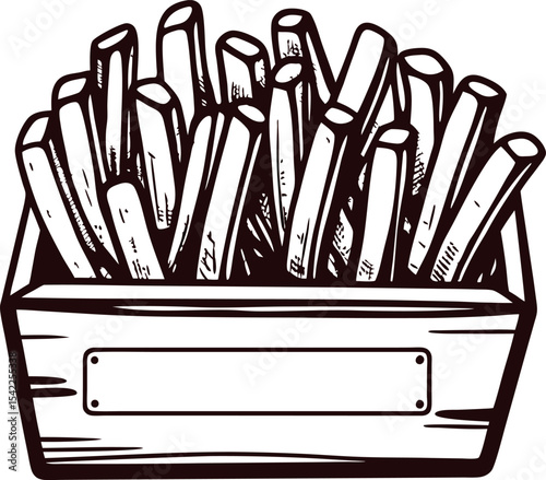 Hand drawn illustration of crispy french fries in wooden crate isolated on white background line art