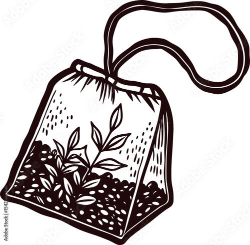 Hand drawn herbal tea bag with dried leaves and string, vintage engraved botanical illustration