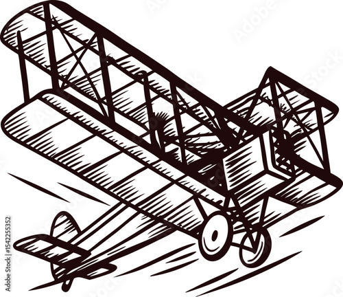 Old fashioned biplane sketch in retro engraving with detailed lines and shading on white background