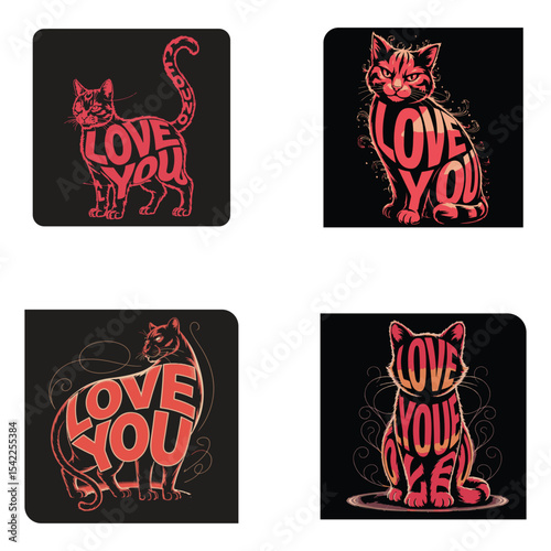 Four stylized cat illustrations with the words love you in a creative typography design