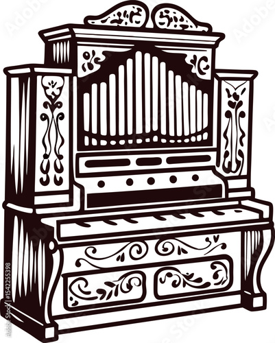 Vintage pipe organ illustration with ornate victorian woodwork and intricate carved details in black and white
