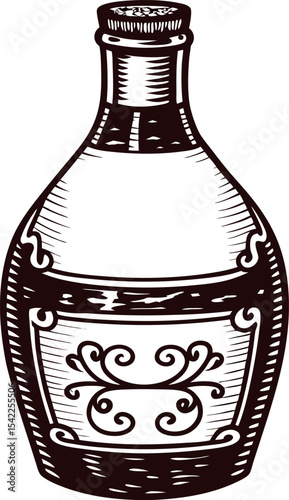 hand drawn vintage wine bottle with ornate label and cork retro engraving illustration