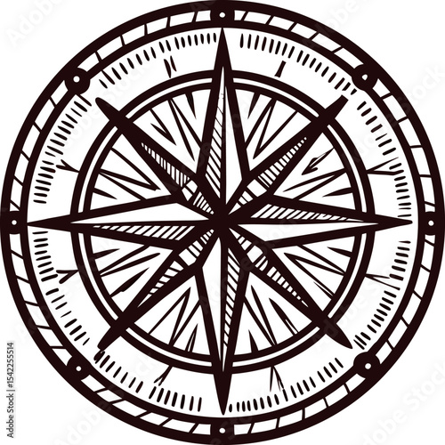 Vintage engraved black and white compass rose illustration with nautical directions and ornamental details