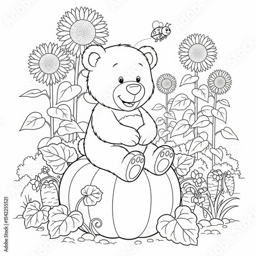 Bear pumpkin sunflowers bring a playful touch to this cheerful black and white garden scene filled with detailed plants and buzzing bees.