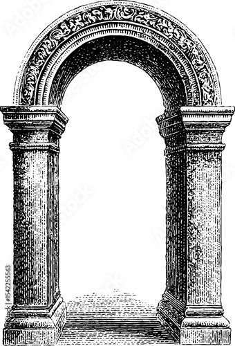 Vintage archway with filigree border in engraving style for design and decoration