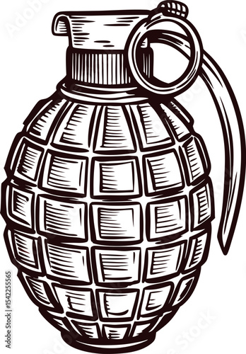 Hand drawn vintage illustration of classic hand grenade with detailed engraved lines