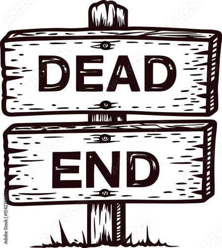 Wooden dead end road sign with grass in vintage engraved isolated on white background illustration