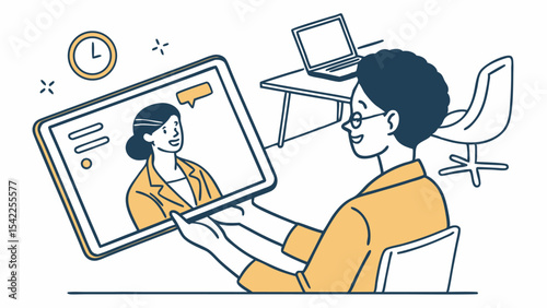 Person having a video call with another person on a tablet in an office setting with laptop and clock
