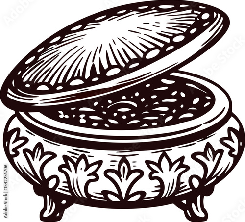 Vintage ornamental jewelry box with hinged lid open and decorative floral patterns, hand drawn illustration