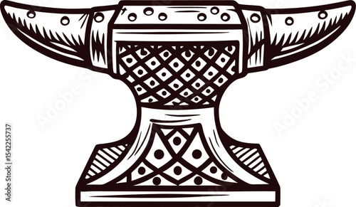 Hand drawn vintage anvil illustration with ornate geometric engraving in retro