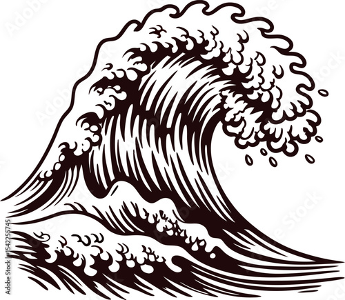 Vintage engraved illustration of ocean wave in woodcut with curling crest and dynamic foam splash