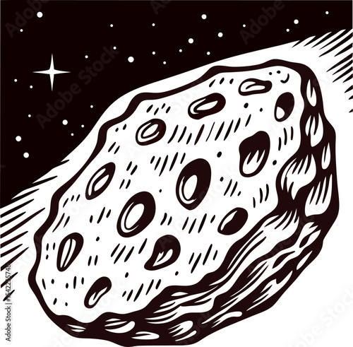 Vintage engraved illustration of an asteroid flying through outer space with craters and surrounding stars