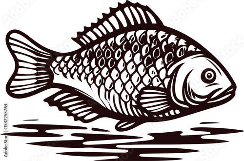 Hand drawn black and white illustration of a carp fish swimming with water ripples beneath