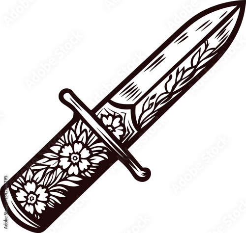 Hand drawn decorated dagger with floral patterns on blade and handle vintage monochrome engraving illustration