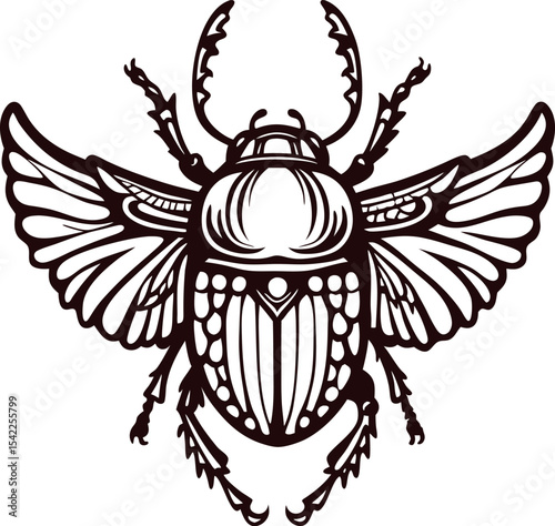Detailed ink drawing of a scarab beetle with open wings isolated on white background