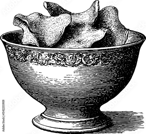 Vintage engraving style baby snacks in ornate bowl