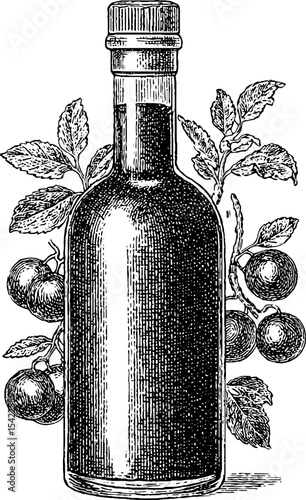 Vintage balsamic vinegar label with engraved bottle and ornamental frame design