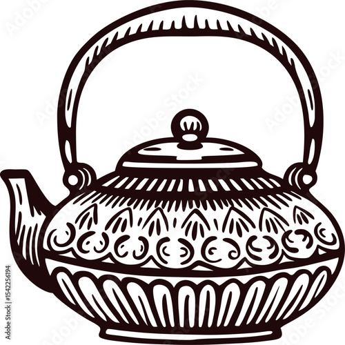 Vintage engraved teapot with ornate floral pattern and curved handle illustration