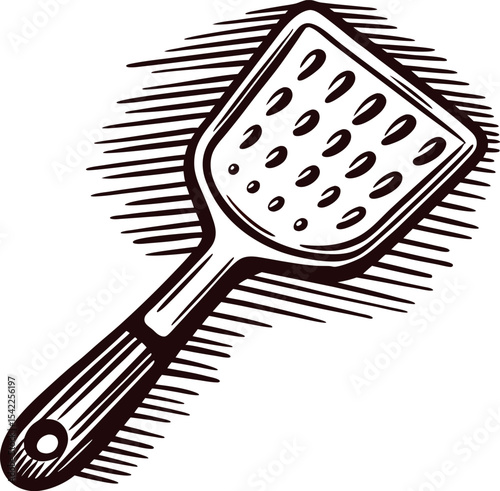 Hand drawn slotted spatula illustration vintage kitchen utensil sketch with wooden handle isolated on white background