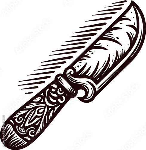 Intricately carved vintage knife with ornate handle and engraved blade in monochromatic hand drawn illustration
