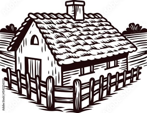 Rustic farmhouse with thatched roof and wooden fence vintage hand drawn illustration in black and white