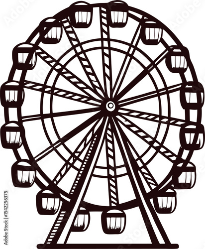 Hand drawn ferris wheel with detailed gondolas isolated on white background vintage amusement park illustration