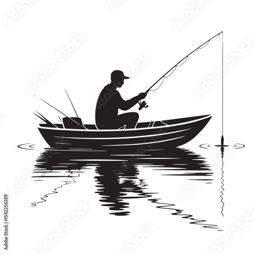 Man Fishing on Boat Silhouette with Water Reflection – Vector Illustration