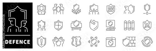 Thin line icons set related to defence and protection. Defence thin line icons set. Safe, shield, lock, security, alarm, guard, safety, protection symbols set