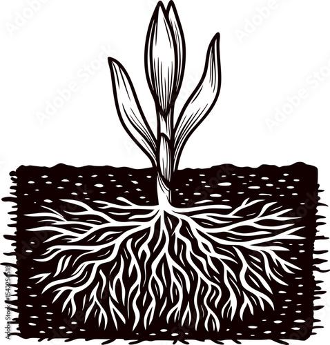 Botanical illustration of young plant sprout with detailed root system and seedling leaves in soil cross section