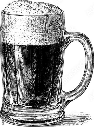 Vintage beer mug with foam in engraving style for classic pub and brewery design