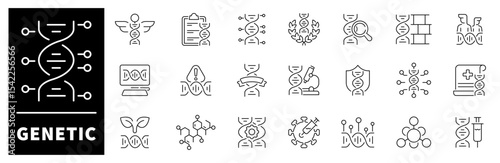 Genetics icon set. Thin line icons set related to genetics and biotechnology. Biotech, DNA, genomes