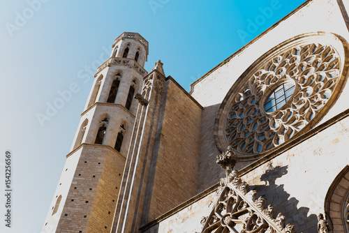 Santa maria del Mar church showing rose window and bell tower in barcelona, spain