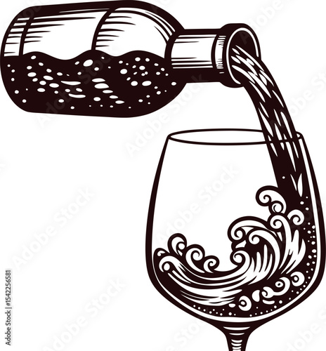 of red wine being poured into a wine glass with elegant swirls