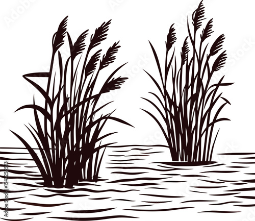 Silhouette of reeds growing in rippling water with tall grass swaying in the breeze